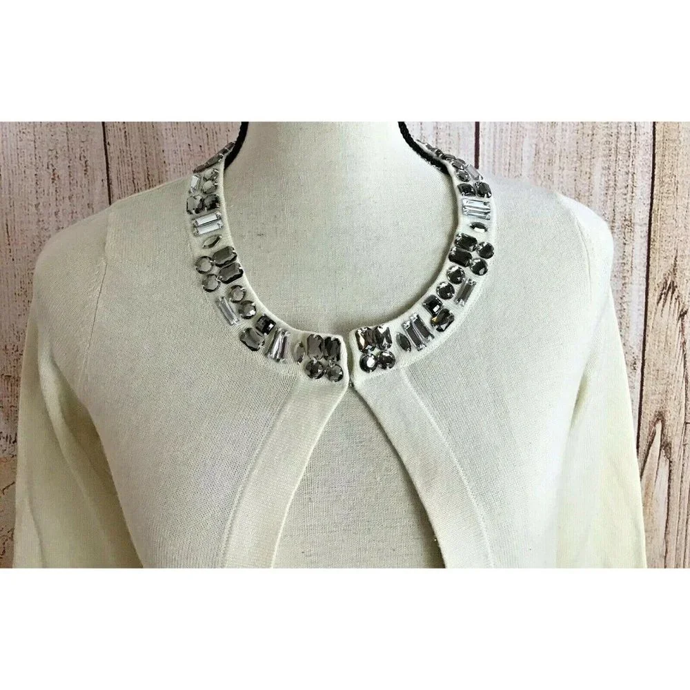 Banana Republic Cardigan Sweater Sz XS Jeweled Collar Cream Color Wool Blend